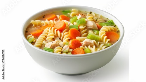 Inviting bowl of chicken noodle soup, emphasizing healthy ingredients like carrots, celery, and whole wheat noodles in a controlled salt broth, isolated background