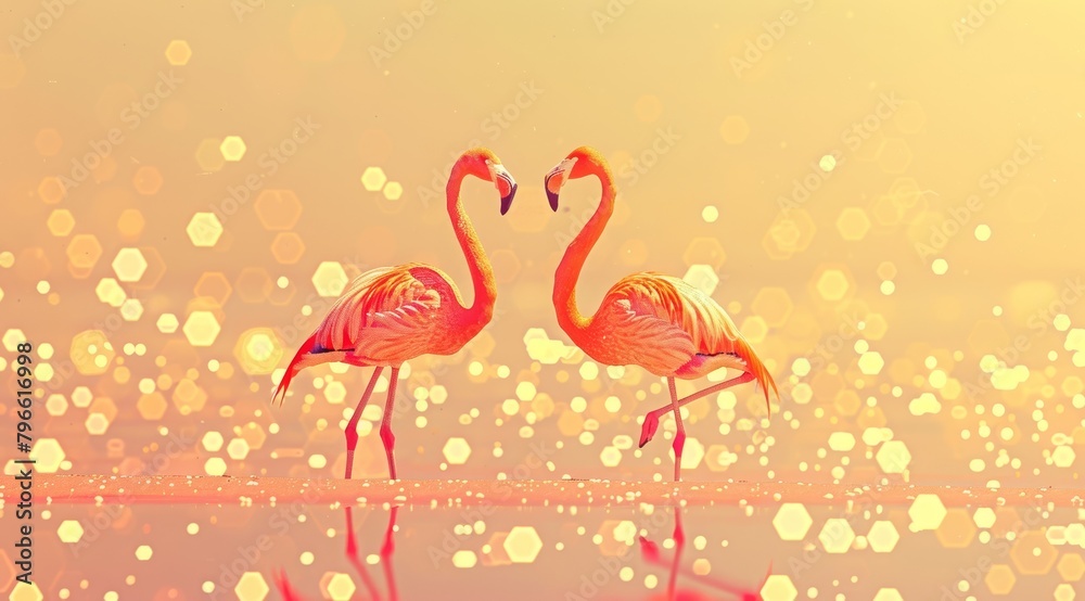 Obraz premium pink flamingos in water against bokeh background. Summer vibes