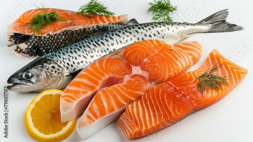 Fresh display of omega-3 fatty fish, including trout and mackerel, ideal for health food promotion, on an isolated background with studio lighting