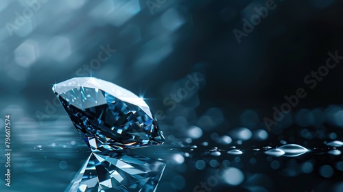 Blue diamond with blue reflections on a black background.