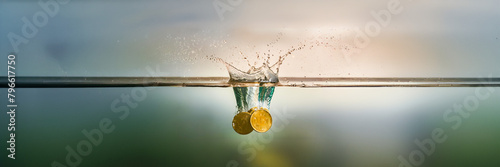 crypto gold coin fall in water under horizon