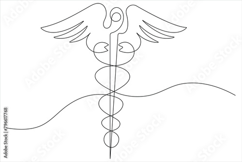  Continuous single line art drawing of caduceus as a symbol of medicine outline vector