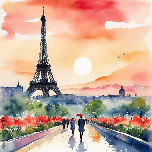 Paris is the capital of France. Watercolor landscape with Paris Eiffel Tower at sunset