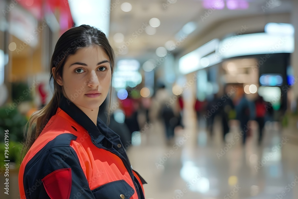Female security guard at mall people moving in background ensuring safety. Concept Security, Mall, Female Guard, Safety, People