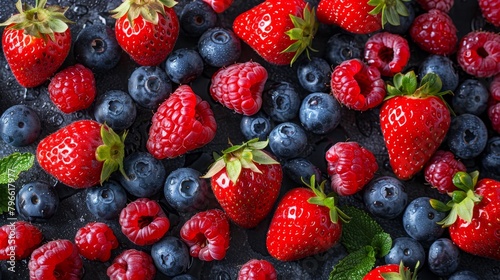 Fresh berry medley from above, including blueberries, strawberries, and more, highlighting their fiber content, on an isolated background, studio light