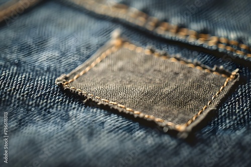 Closeup shot of jeans label showcasing branding elements for marketing purposes. Concept Fashion Photography, Product Branding, Close-up Shots, Marketing Materials