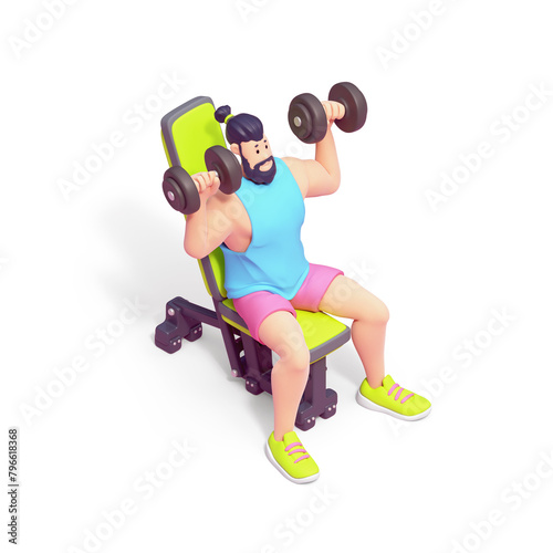 Full length of young cute smiling bearded brunette man wears sportswear, pink shorts, blue tank top, green sneakers trains with dumbbells in hands, sits on weight bench. 3d render isolated transparent