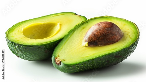 Fresh avocado cut open, displaying healthy fats and vibrant green flesh, high in fiber and vitamins, on an isolated background, studio lighting