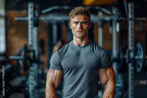 Portrait of Muscular bodybuilder guy, gym background
