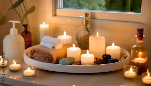 A white ceramic tray with spa supplies on a wooden table  with a candle and towel in the background.