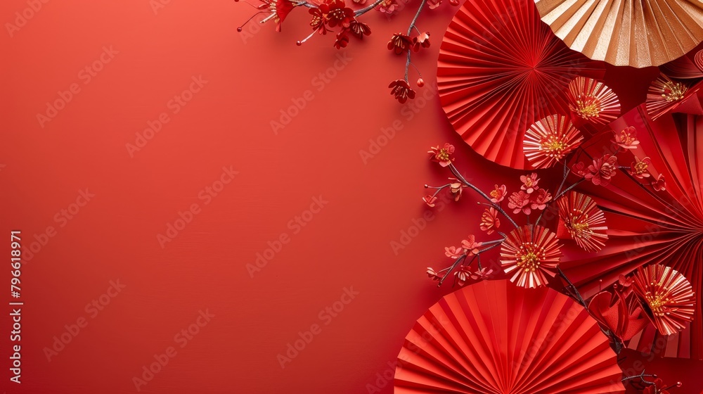 Chinese new year red paper fan and cherry blossom on red background