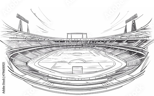 Line drawing illustration of a football or cricket stadium. Vector sketch of football stadium