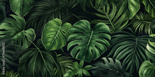 Wallpaper Mural Tropical pattern with beautiful monstera, palm leaves. Dark vintage 3D illustration. Glamorous exotic abstract background design. Good for luxury wallpapers, fabric printing, goods. High quality photo Torontodigital.ca