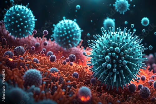 Blue cells of a dangerous virus under a microscope  3D. Micro world. Bokeh effect
