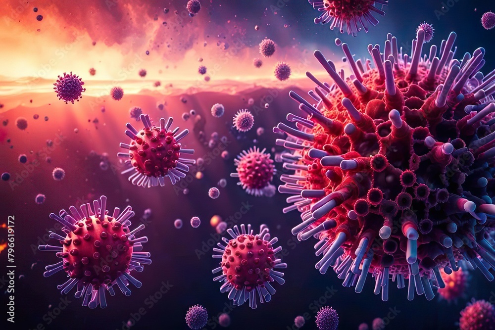 Purple cells of a dangerous virus under a microscope, 3D. Micro world. Neon glow. Bokeh effect Purple cells of a dangerous virus under a microscope, 3D. Micro world. Neon glow. Bokeh effect