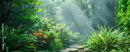 Background of the rain in tropical colourful rainforest. Banner and wallpaper concept.