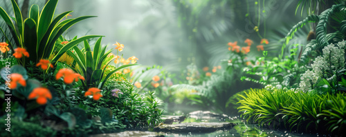 Background of the rain in tropical colourful rainforest. Banner and wallpaper concept.