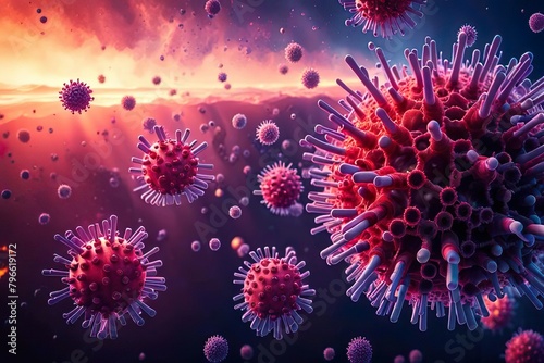 Purple cells of a dangerous virus under a microscope, 3D. Micro world. Neon glow. Bokeh effect photo