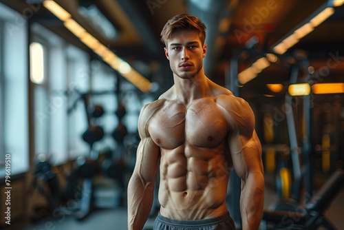 Portrait of Muscular bodybuilder guy  gym background