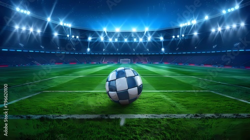 Football arena. Realistic European football stadium with grass field, lights and floodlights. 3d ball sports game vector night scene