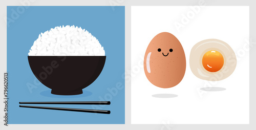 Rice bowl with chopsticks, chicken egg and flied egg on blue and white background vector.
