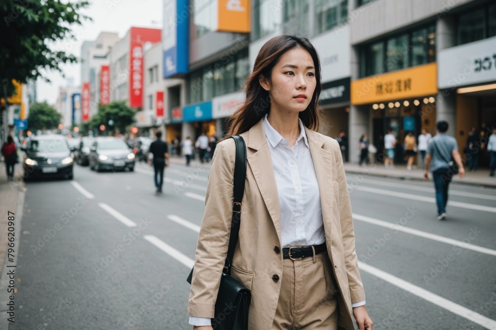 Young asian woman walking on modern city street