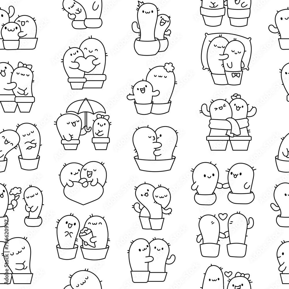 Kawaii cactus hug. Seamless pattern. Coloring Page. Cute cartoon cacti couple in love. Funny plant characters in pots. Hand drawn style. Vector drawing. Design ornaments.