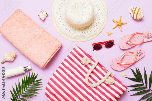 Composition with stylish beach accessories on colored background, top view. Beach fashion flat lay, summer concept. Trendy colors
