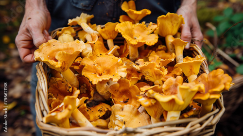photo of Chanterelle mushrooms harvest with basket at the forest