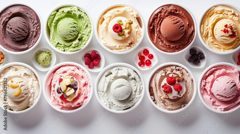 Elegant top view of assorted ice creams with a focus on health, lower-fat and fewer sugars, featuring non-dairy options, perfect for occasional indulgence, isolated background Elegant top view of assorted ice creams with a focus on health, lower-fat and fewer sugars, featuring non-dairy options, perfect for occasional indulgence, isolated background