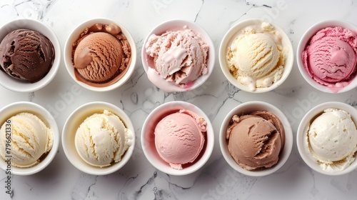 Elegant top view of assorted ice creams with a focus on health, lower-fat and fewer sugars, featuring non-dairy options, perfect for occasional indulgence, isolated background photo