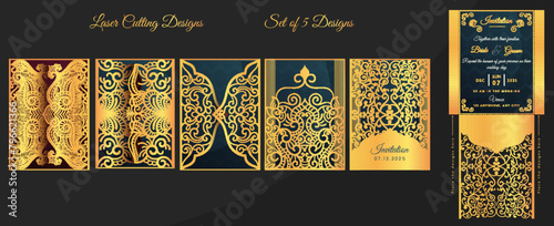 Wedding invitation or greeting card with vintage ornaments. Wedding invitation envelope mock-up set for laser cutting. Vector illustration.