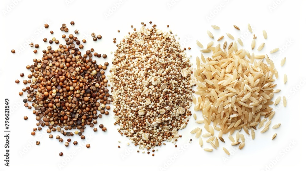 Elegant top view composition of high-fiber grains like quinoa, brown rice, and oats, mixed with barley and bulgur, studio lighting, isolated setting Elegant top view composition of high-fiber grains like quinoa, brown rice, and oats, mixed with barley and bulgur, studio lighting, isolated setting