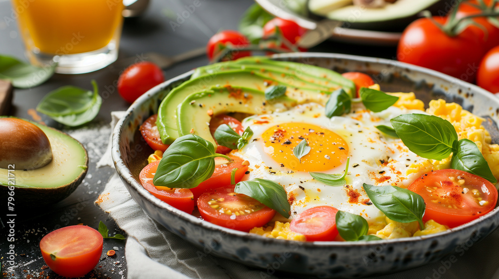 scrambled egg with tomatoes basil leaves avocado slices chili flakes and a cup of coffe and a glass of orange juice scrambled egg with tomatoes basil leaves avocado slices chili flakes and a cup of coffe and a glass of orange juice