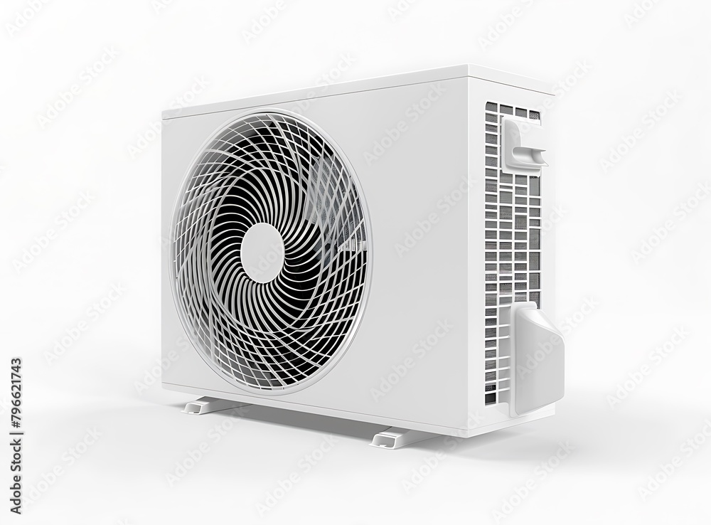A white air conditioner with an electric fan on the side, simple background A white air conditioner with an electric fan on the side, simple background