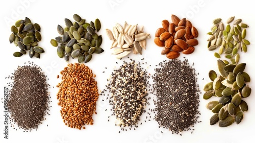 Elegant top view arrangement of chia, flaxseeds, pumpkin seeds, sunflower seeds, and sesame seeds, illustrating their nutrient content, isolated, studio light