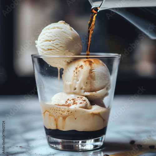 affogato with white  scoops of vanilla ice cream in a small glass cup espresso black coffee poured on to ice cream photo