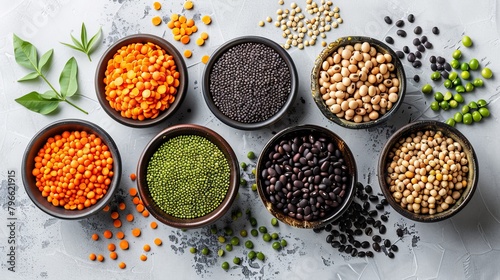 Elegant top view arrangement of protein-rich legumes including black beans and peas  detailed textures and colors  on a stark isolated background