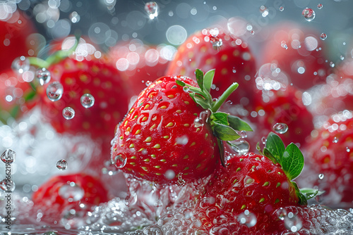 washing fresh strawberries in clear water with dinamic splashing water photo