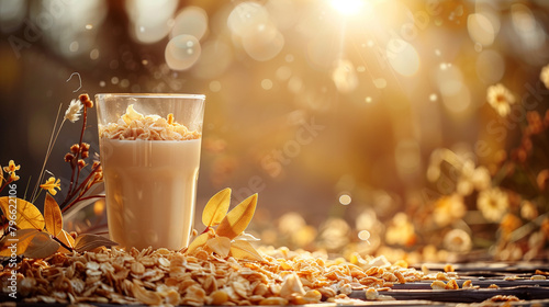 Oatmilk with oat based granola in a glass photo