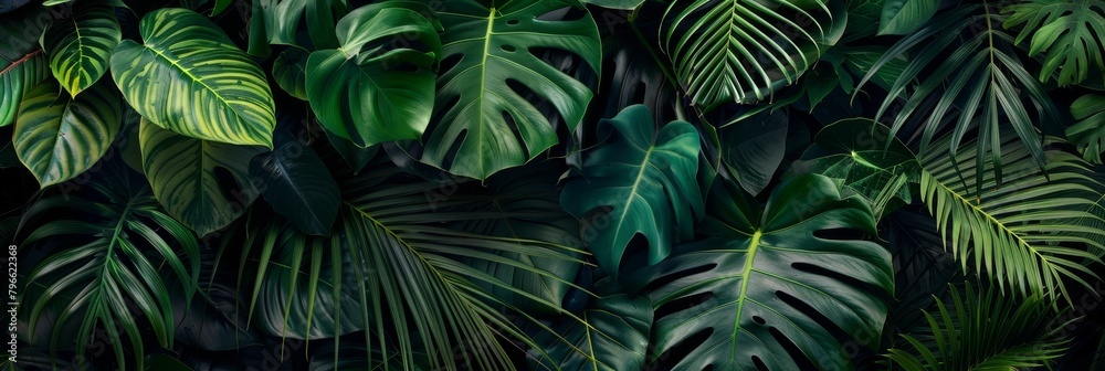 Tropical pattern with beautiful monstera, palm leaves. Dark vintage 3D illustration. Glamorous exotic abstract background design. Good for luxury wallpapers, fabric printing, goods. High quality photo
