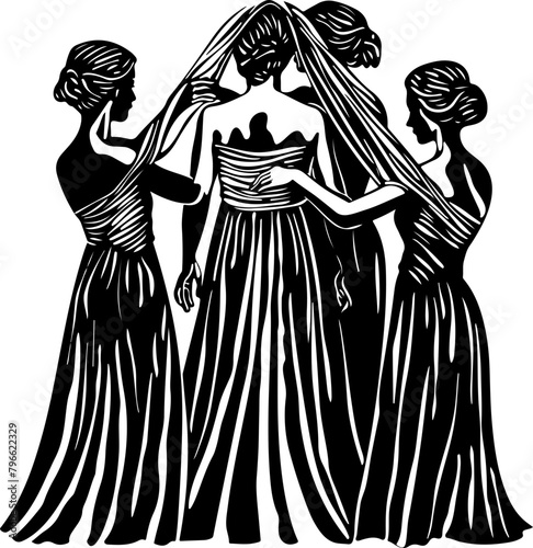 Silhouette of a bride with bridesmaids adjusting her veil, perfect for wedding and bridal themes
