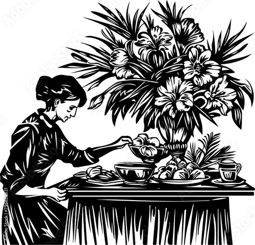 Silhouette of a florist carefully arranging a bouquet, ideal for crafts, small business, and floristry themes