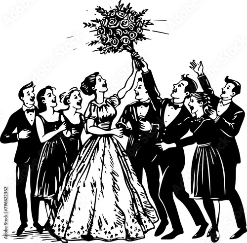 Excitement in the air as the bride tosses her bouquet to a crowd, capturing the joy of wedding traditions