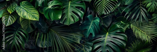 Tropical pattern with beautiful monstera  palm leaves. Dark vintage 3D illustration. Glamorous exotic abstract background design. Good for luxury wallpapers  fabric printing  goods. High quality photo