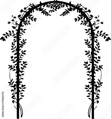 Elegant black and white silhouette of a decorative floral arch, perfect for wedding invitations.