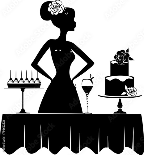 Chic silhouette of a woman by a dessert table, perfect for invitations and event themes