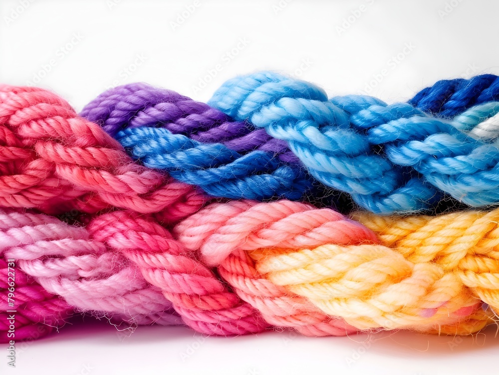 Vibrant Wool Yarn Threads Intricately Woven on White Background