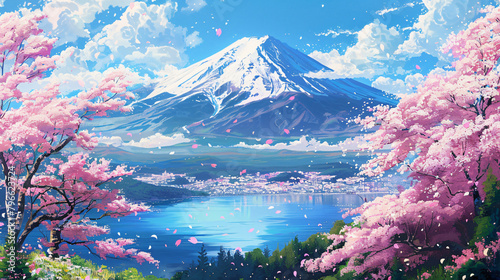 Fuji mountain and cherry blossoms