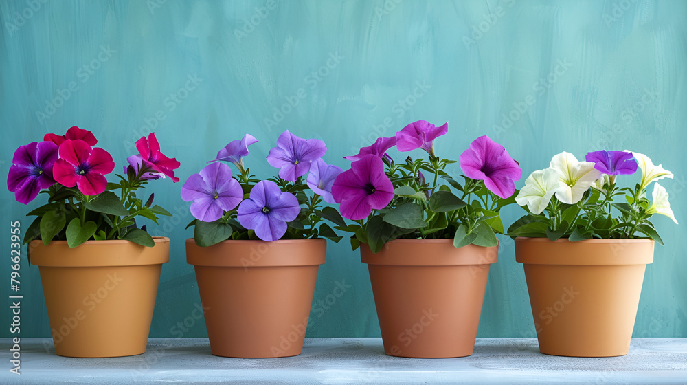 Summer flowers in a garden ,Vibrant Potted Garden Blooms ,Beautiful petunia flowers in plant pots outdoors
